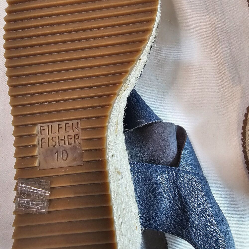 New Eileen Fisher Slate Blue Leather Strappy Platform Wedge Sandals sz 10 w Heel - Picture 6 of 7